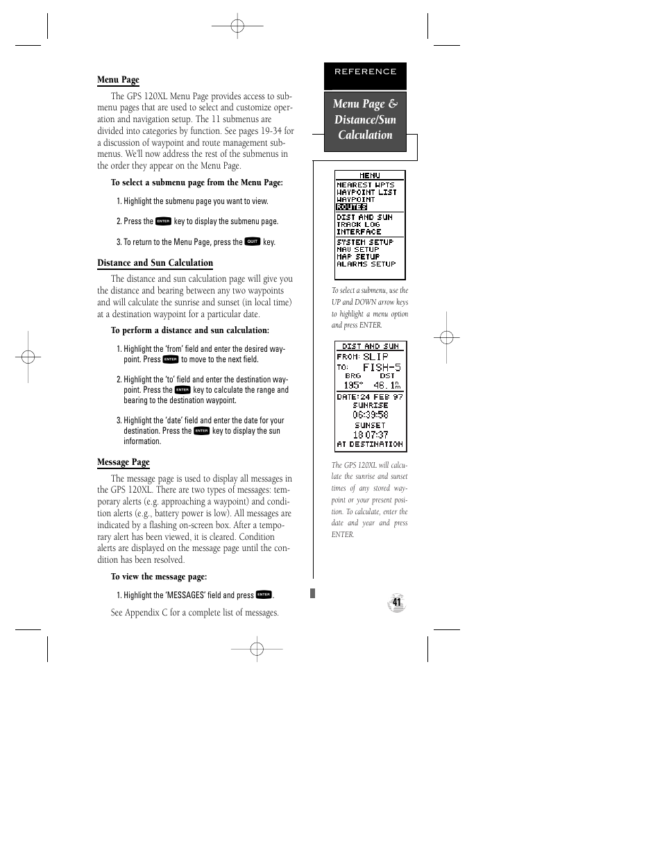Menu page & distance/sun calculation | Garmin GPS 120XL User Manual | Page 45 / 72