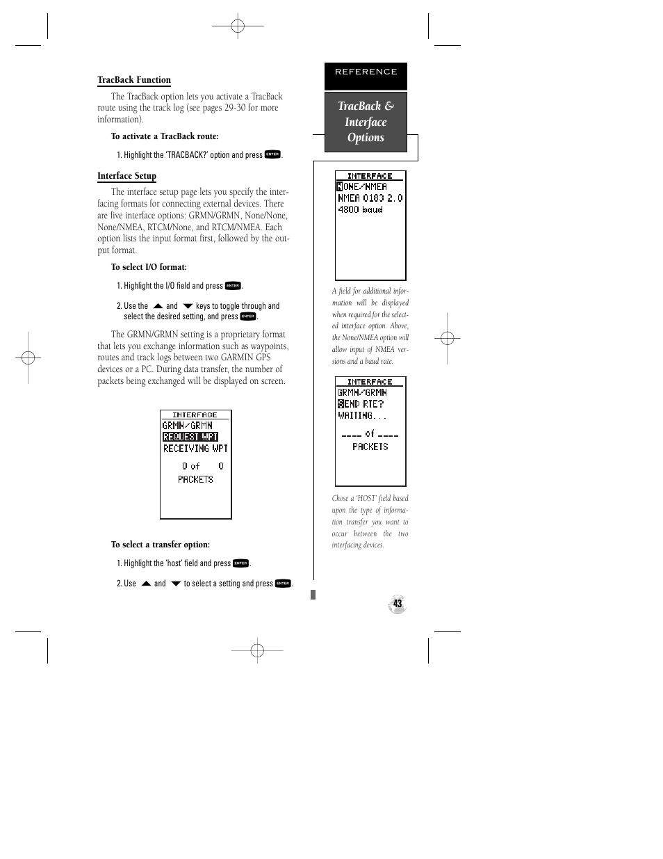 Tracback & interface options | Garmin GPS 120XL User Manual | Page 47 / 72