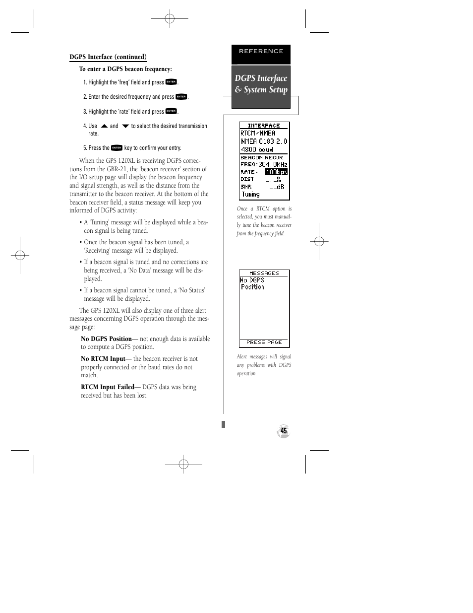 Dgps interface & system setup | Garmin GPS 120XL User Manual | Page 49 / 72