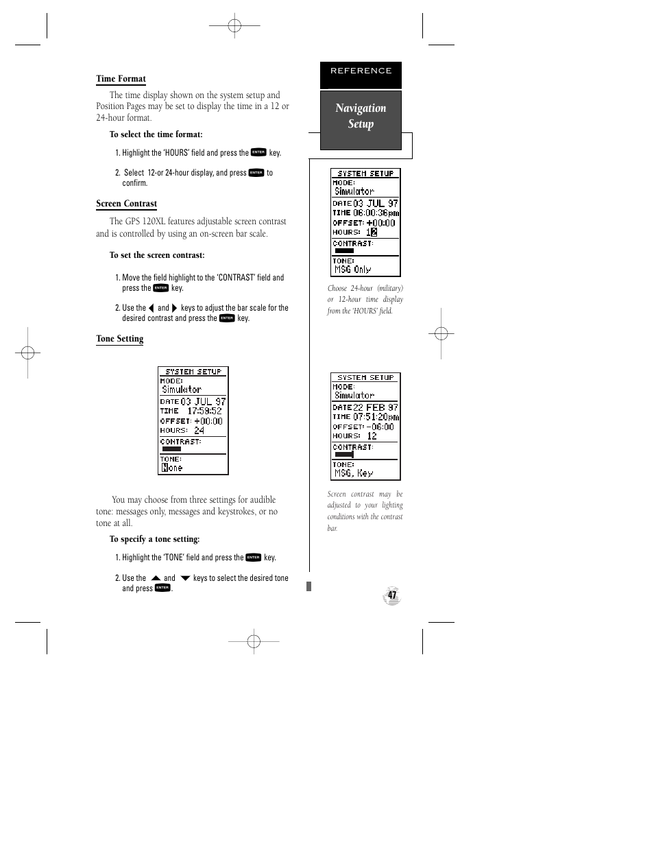 Navigation setup | Garmin GPS 120XL User Manual | Page 51 / 72