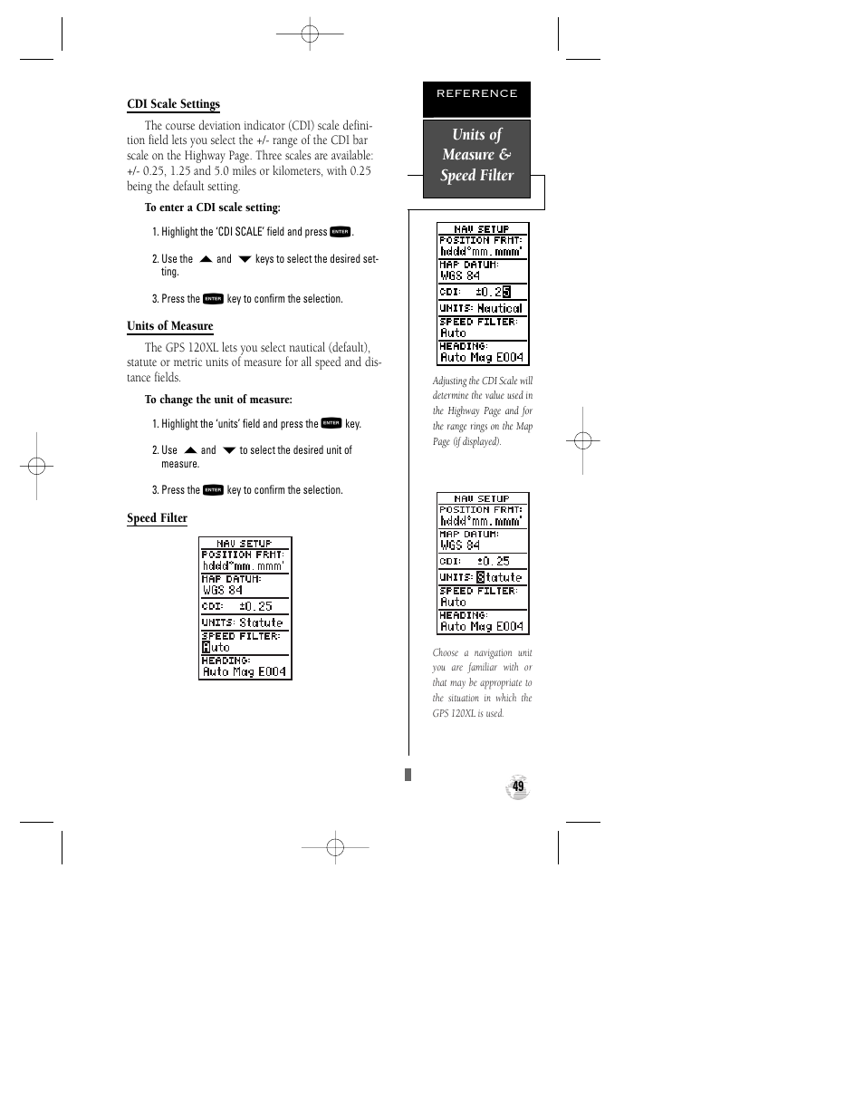 Units of measure & speed filter | Garmin GPS 120XL User Manual | Page 53 / 72