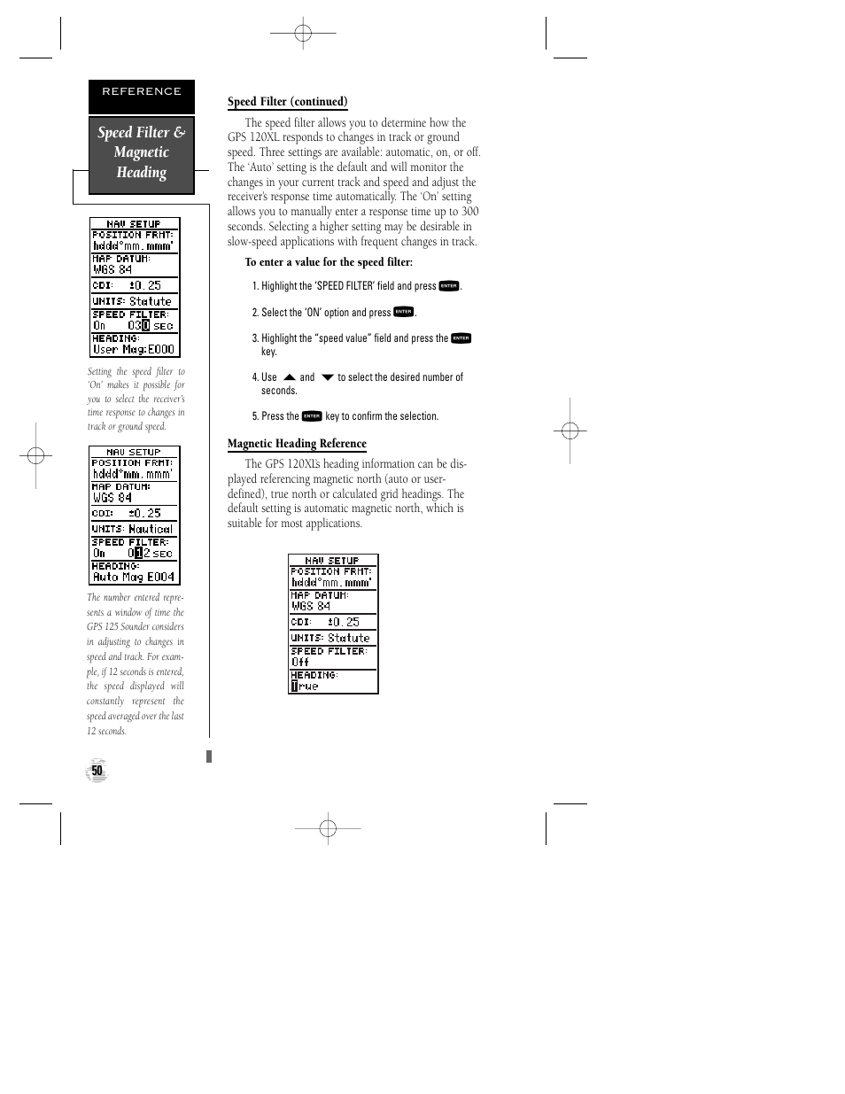 Speed filter & magnetic heading | Garmin GPS 120XL User Manual | Page 54 / 72