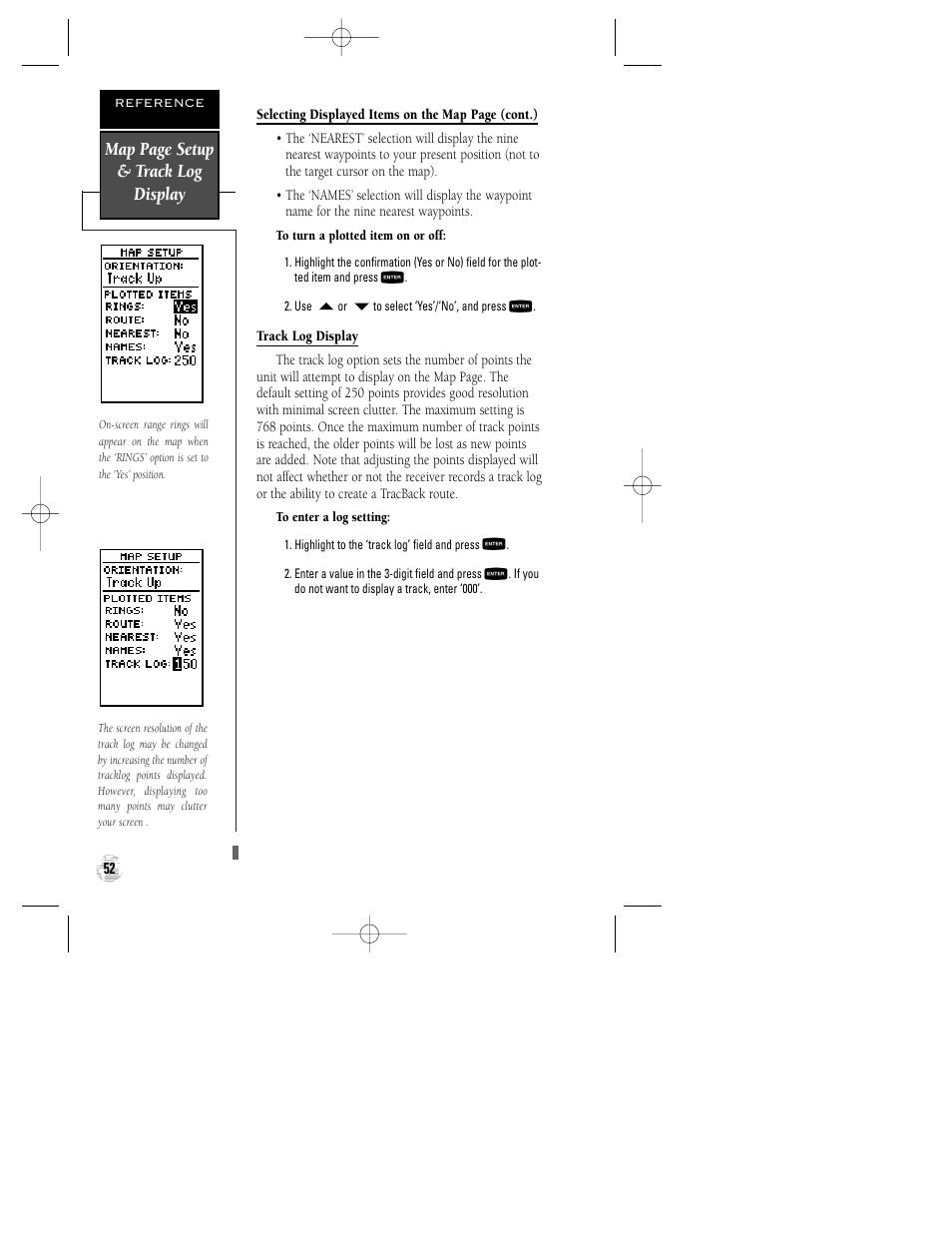 Map page setup & track log display | Garmin GPS 120XL User Manual | Page 56 / 72