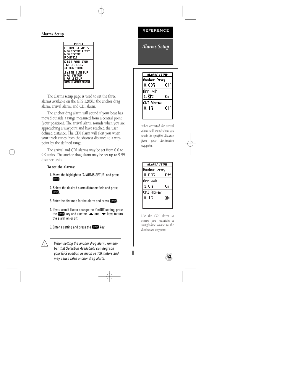Alarms setup | Garmin GPS 120XL User Manual | Page 57 / 72