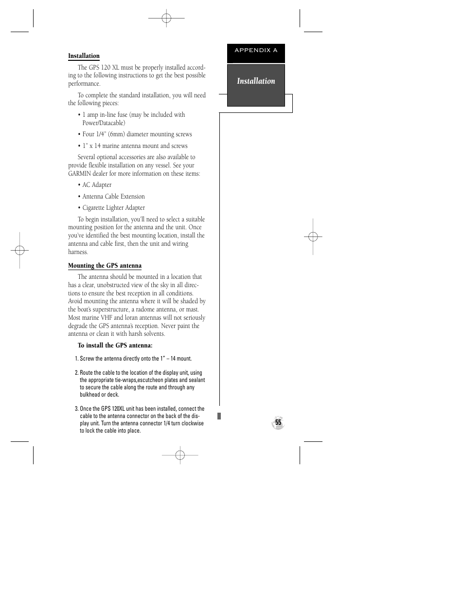 Installation | Garmin GPS 120XL User Manual | Page 59 / 72