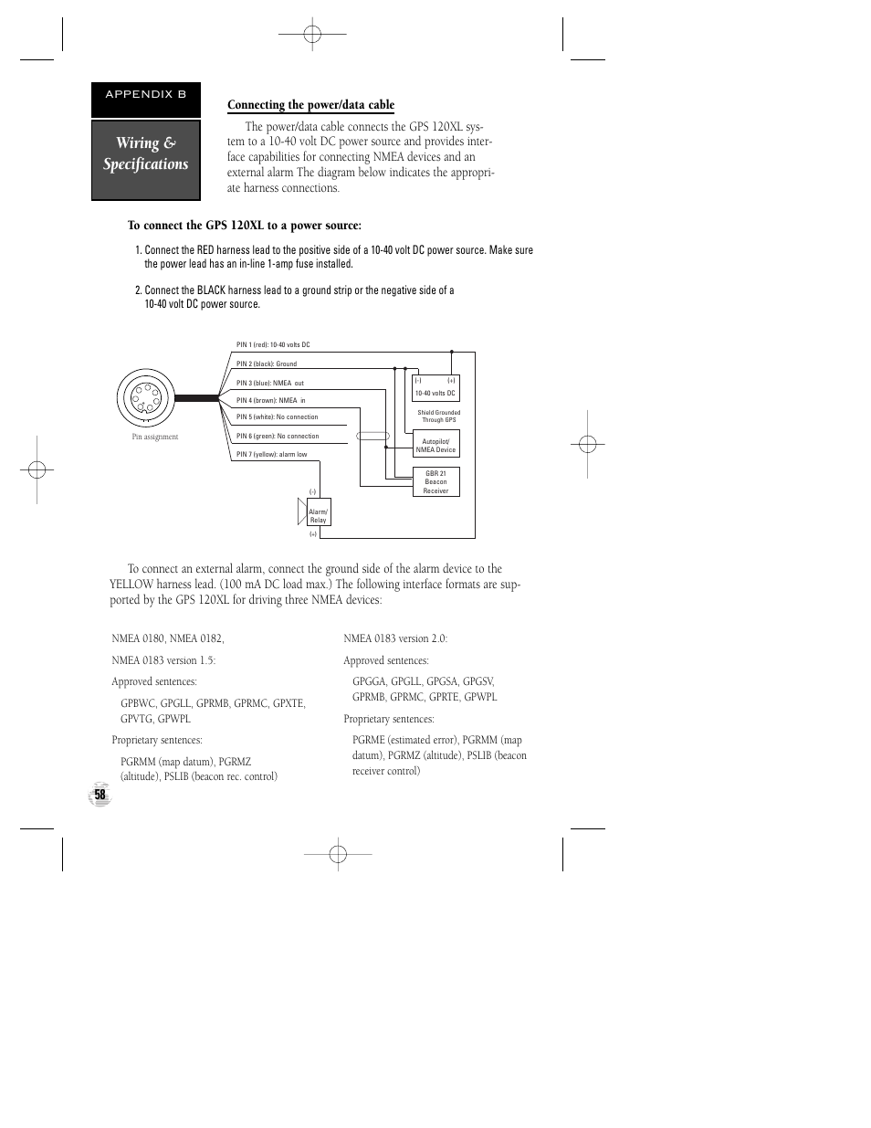 Wiring & specifications, Appendix b | Garmin GPS 120XL User Manual | Page 62 / 72