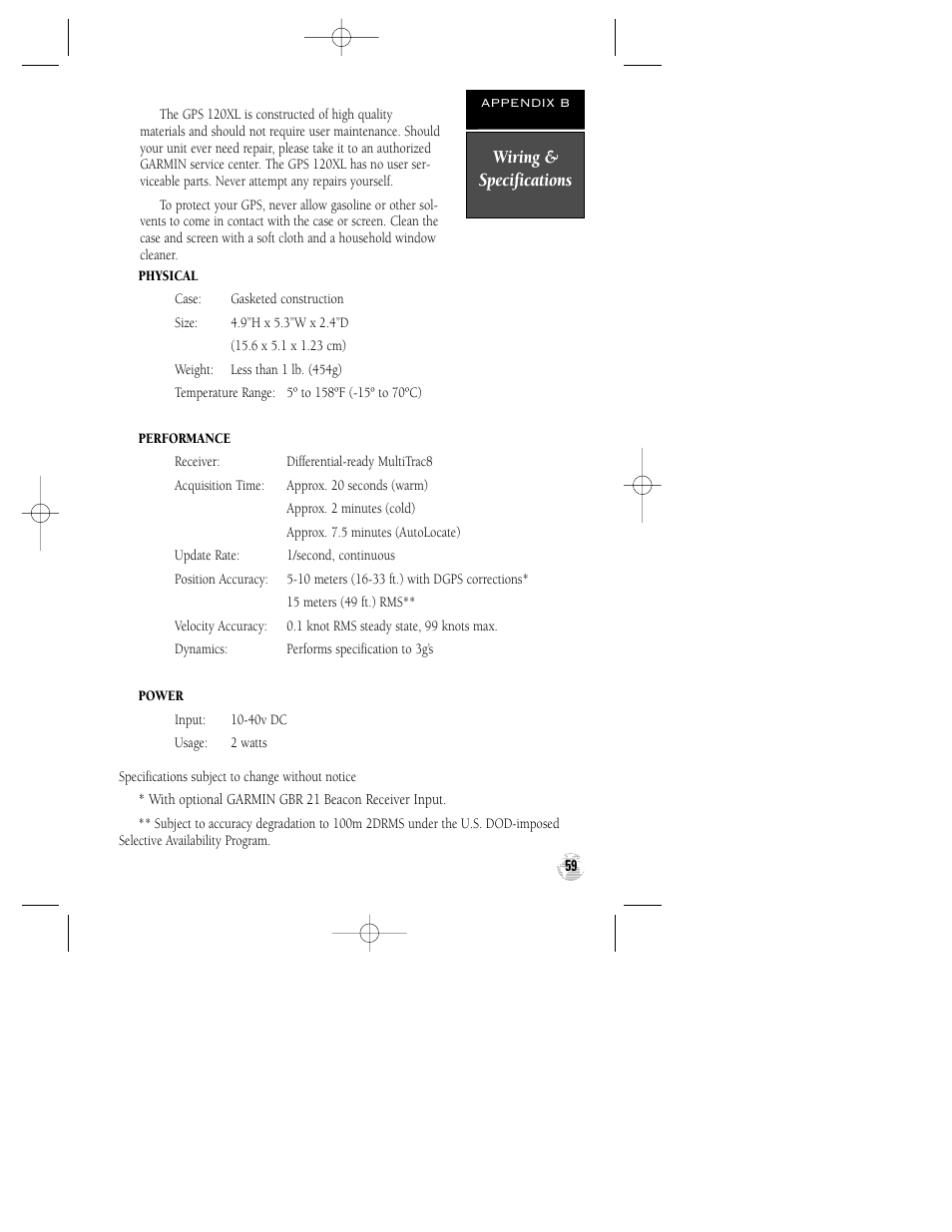 Wiring & specifications | Garmin GPS 120XL User Manual | Page 63 / 72