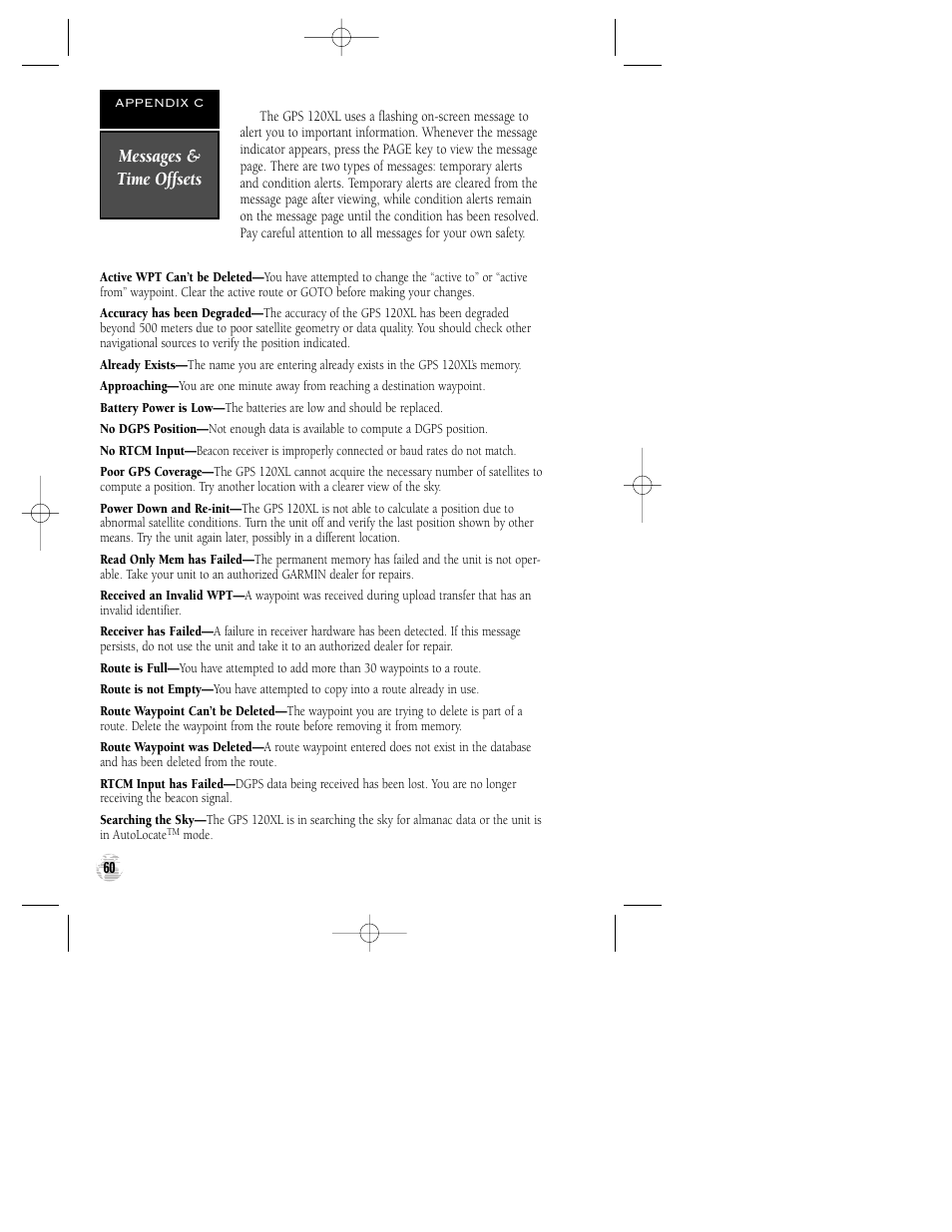 Messages & time offsets | Garmin GPS 120XL User Manual | Page 64 / 72