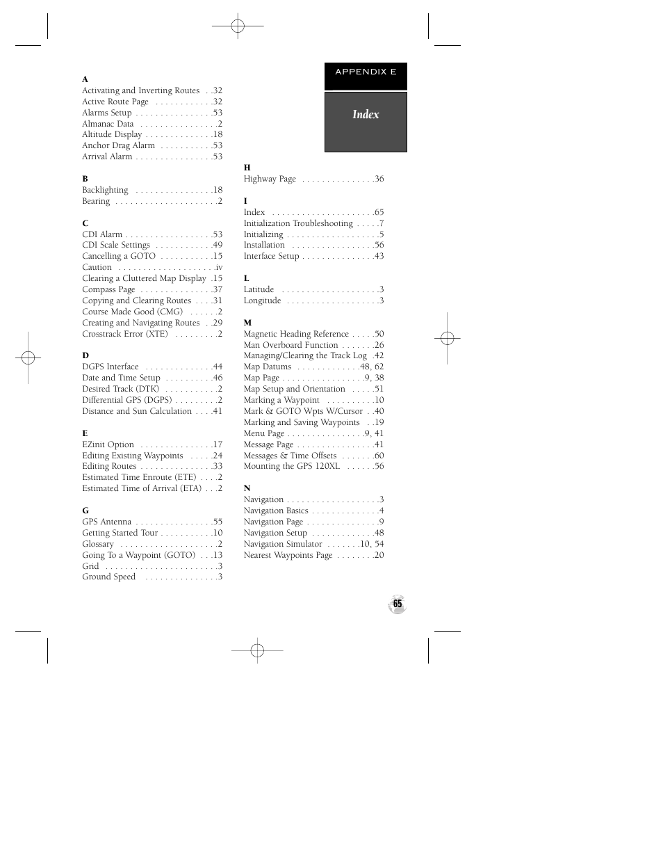Index | Garmin GPS 120XL User Manual | Page 69 / 72
