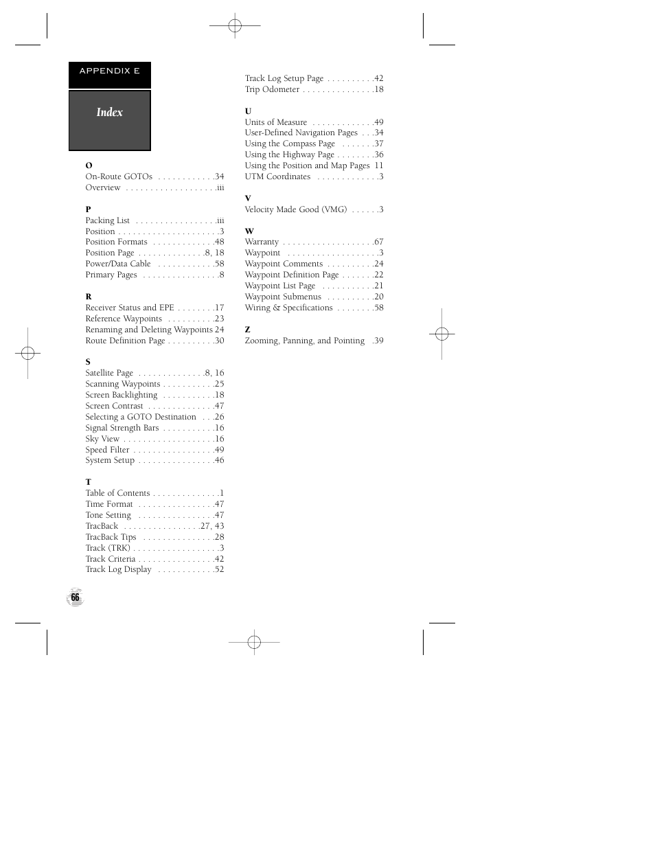 Index | Garmin GPS 120XL User Manual | Page 70 / 72