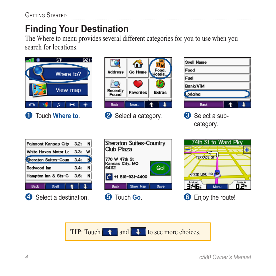Finding your destination | Garmin StreetPilot c580 User Manual | Page 12 / 52