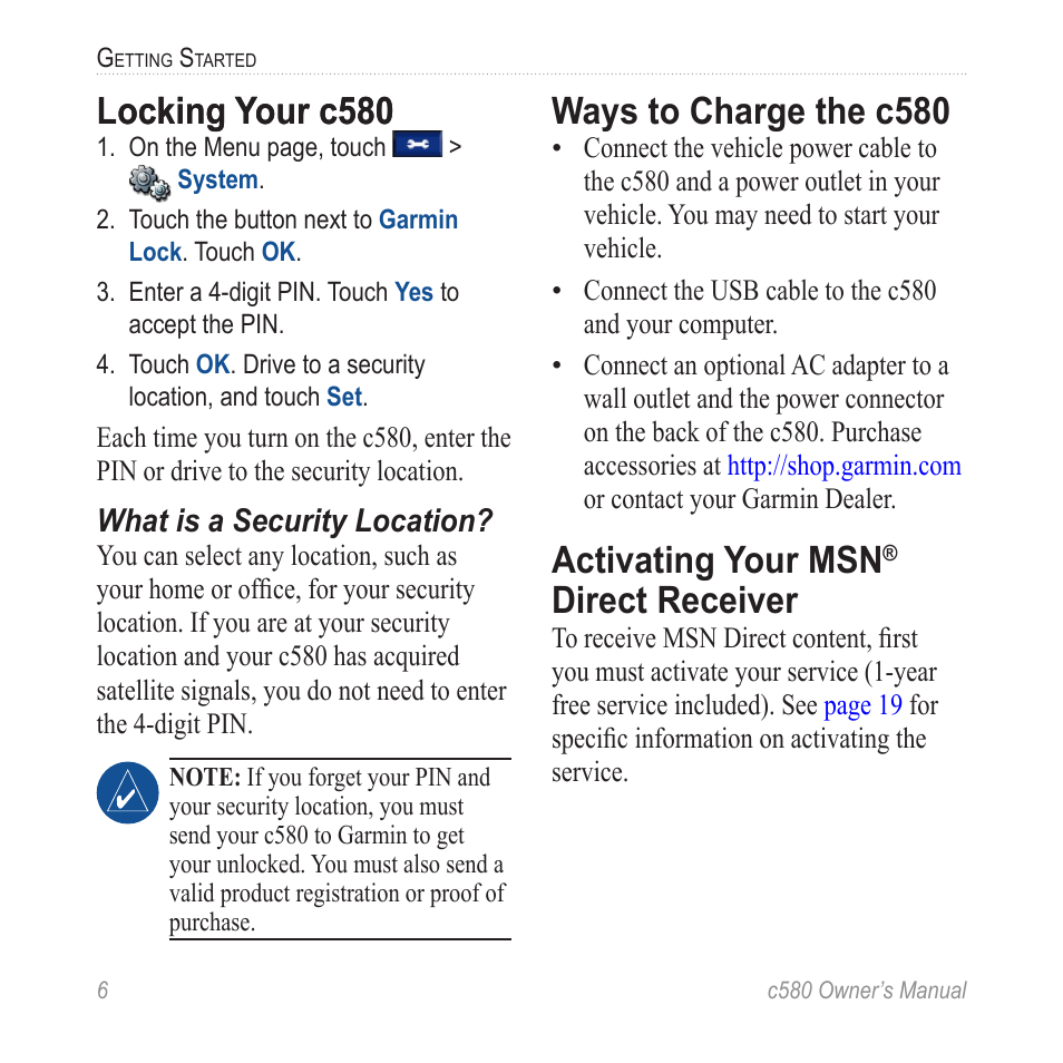 Locking your c580, Ways to charge the c580, Activating your msn® direct receiver | Activating your msn, Direct, Receiver, Direct receiver | Garmin StreetPilot c580 User Manual | Page 14 / 52