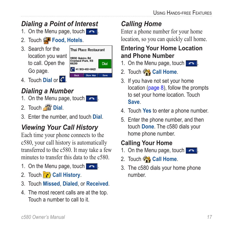 Dialing a point of interest, Dialing a number, Viewing your call history | Calling home | Garmin StreetPilot c580 User Manual | Page 25 / 52