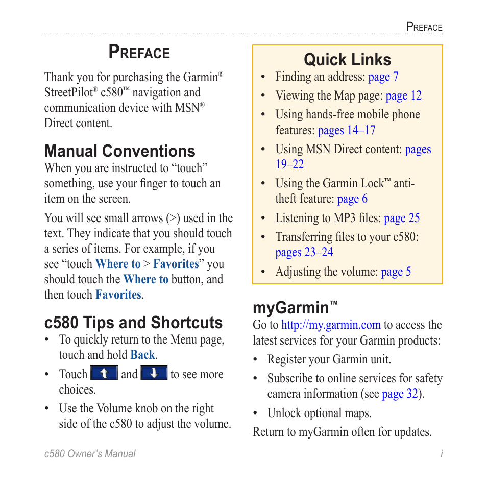Preface, Manual conventions, C580 tips and shortcuts | Mygarmin, Quick links | Garmin StreetPilot c580 User Manual | Page 3 / 52