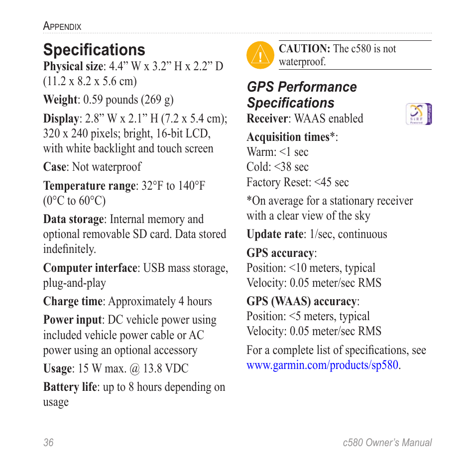 Technical specifications, Specifications | Garmin StreetPilot c580 User Manual | Page 44 / 52