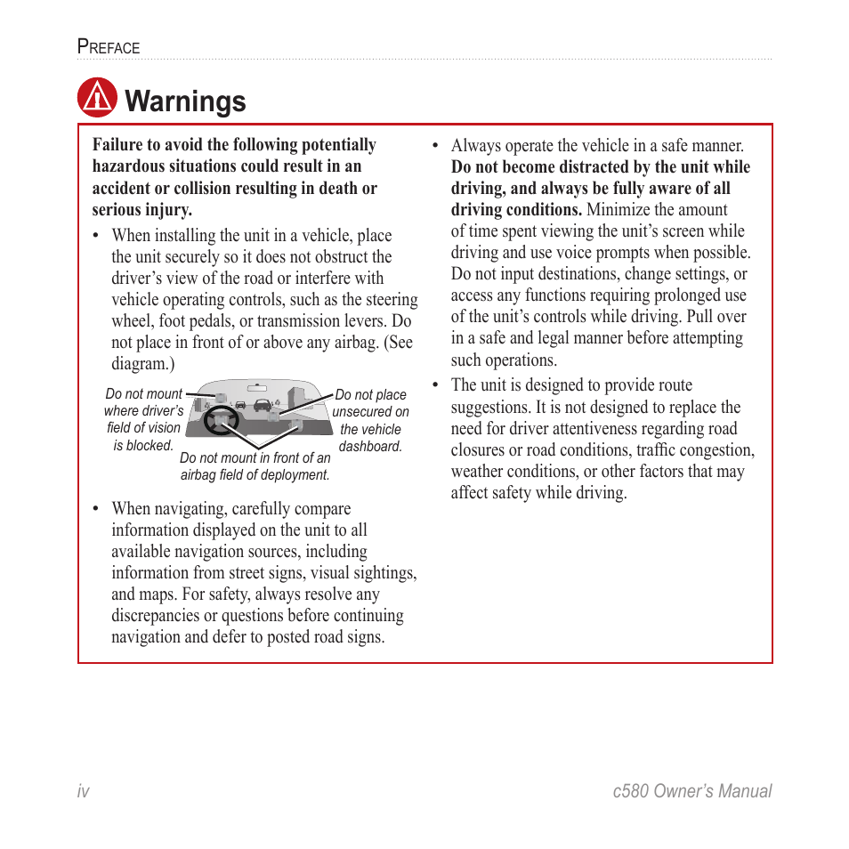 Warnings | Garmin StreetPilot c580 User Manual | Page 6 / 52