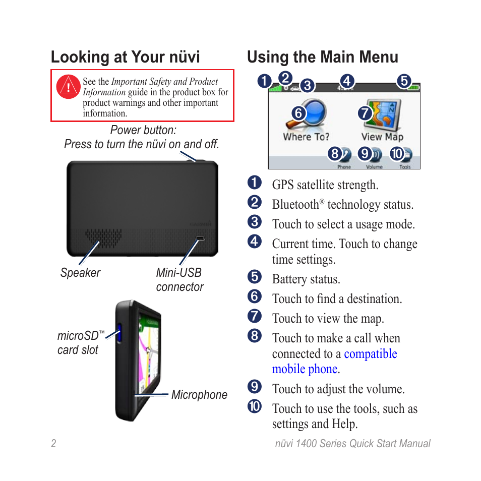 Looking at your nüvi, Using the main menu | Garmin nuvi 1495T User Manual | Page 2 / 8