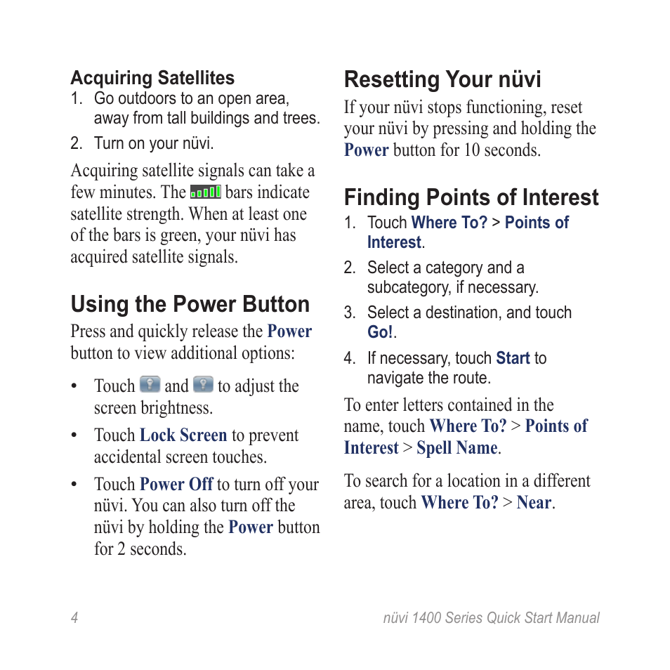 Using the power button, Resetting your nüvi, Finding points of interest | Garmin nuvi 1495T User Manual | Page 4 / 8