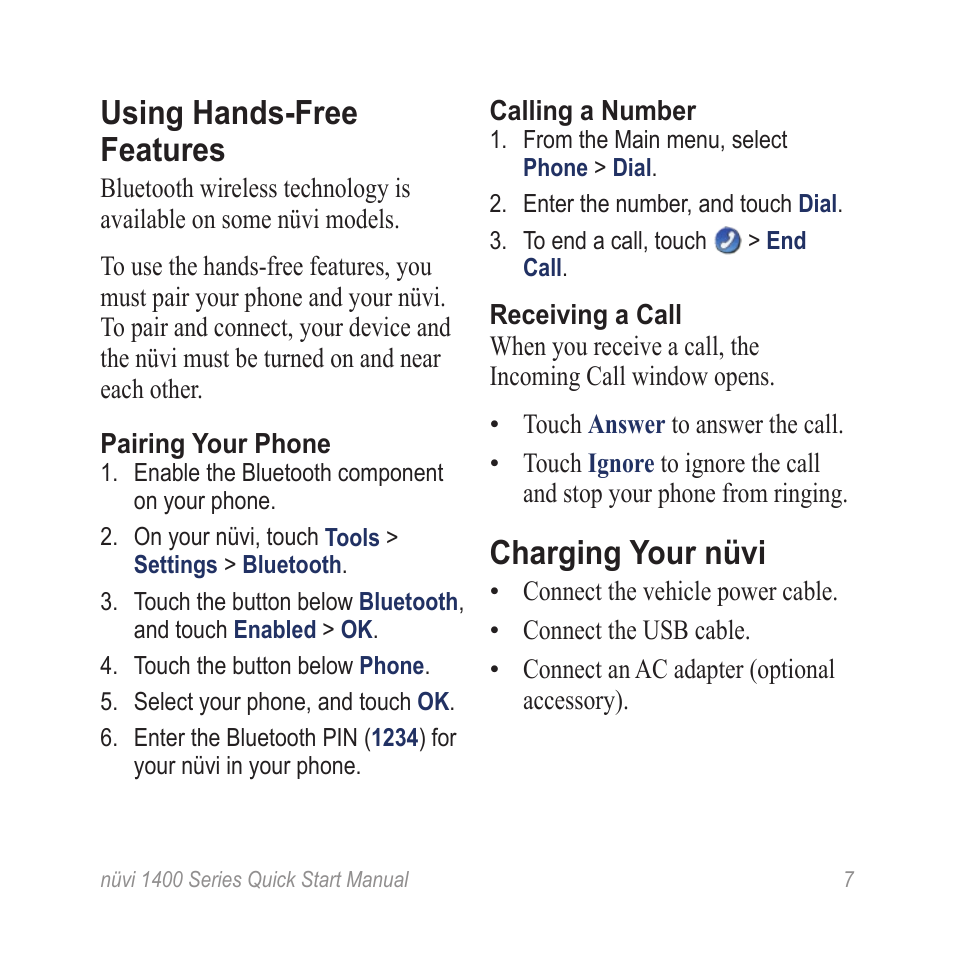 Using hands-free features, Charging your nüvi | Garmin nuvi 1495T User Manual | Page 7 / 8