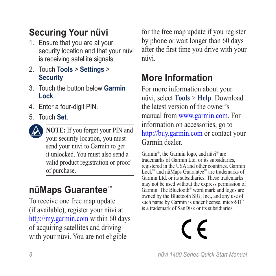 Securing your nüvi, Nümaps guarantee, More information | Garmin nuvi 1495T User Manual | Page 8 / 8