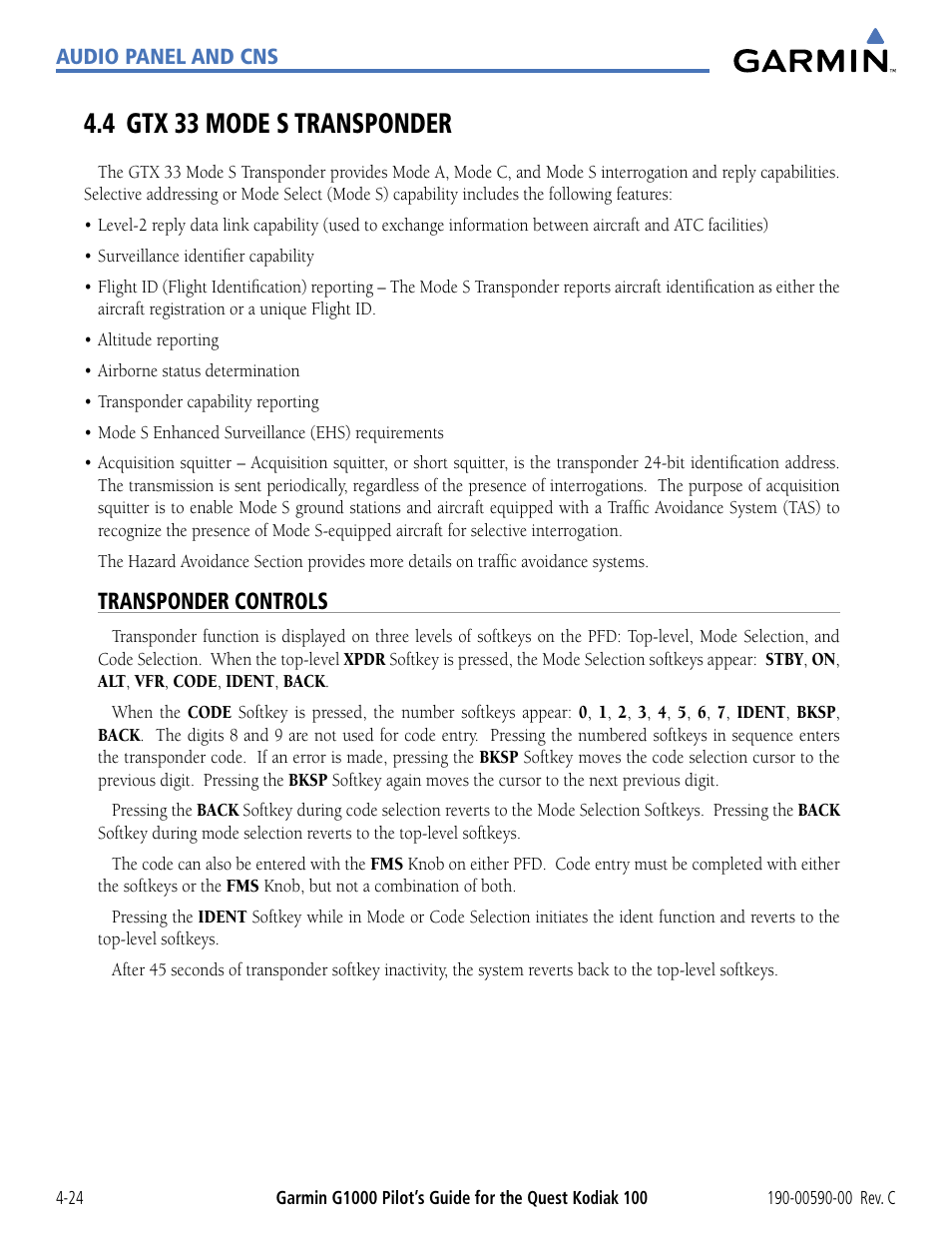 4 gtx 33 mode s transponder, Transponder controls, 4 gtx 33 mode s transponder -24 | Garmin G1000 Quest Kodiak User Manual | Page 100 / 340