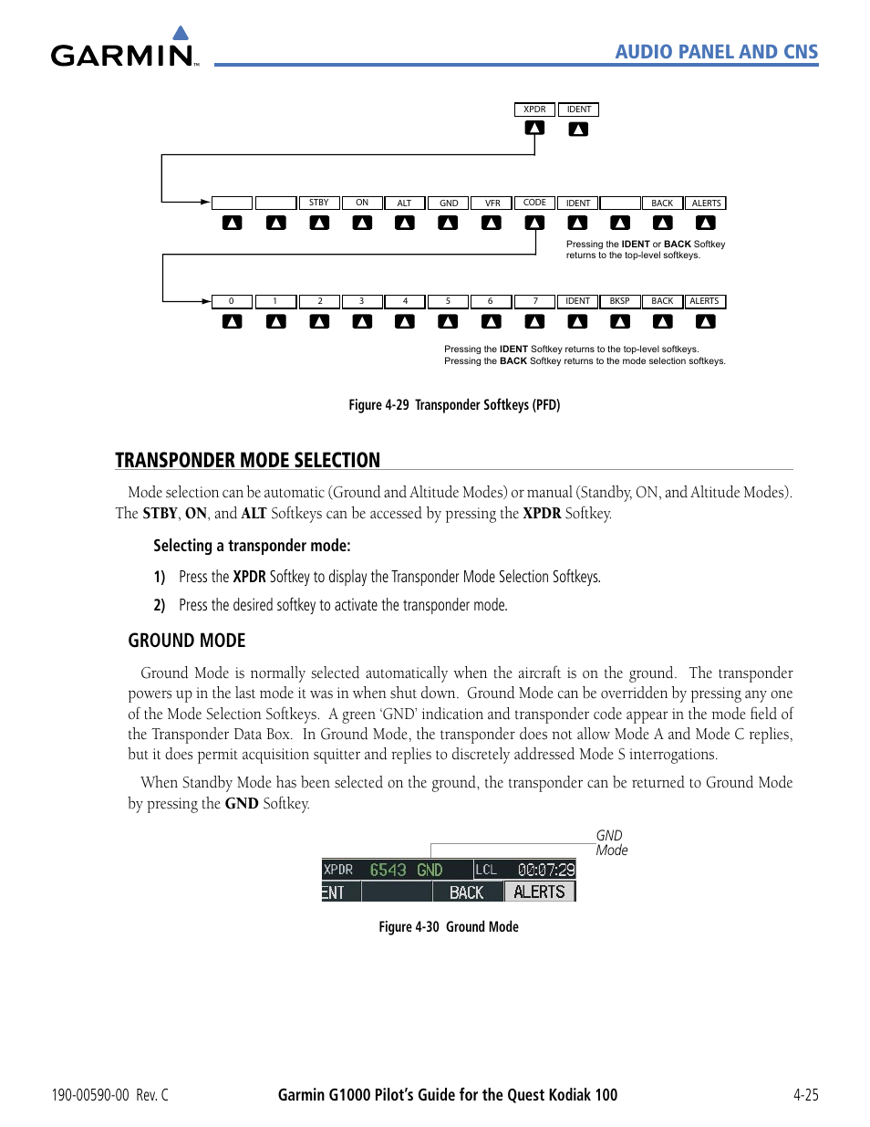 Transponder mode selection, Audio panel and cns, Ground mode | Garmin G1000 Quest Kodiak User Manual | Page 101 / 340