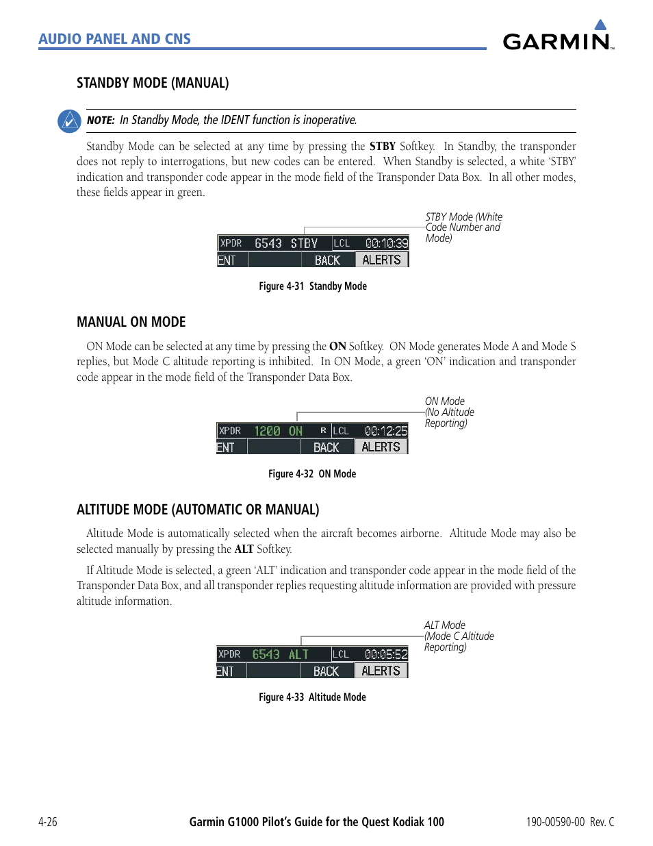 Audio panel and cns standby mode (manual), Manual on mode, Altitude mode (automatic or manual) | Garmin G1000 Quest Kodiak User Manual | Page 102 / 340