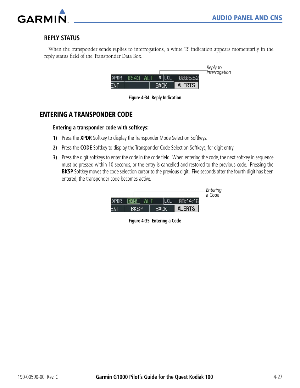 Entering a transponder code | Garmin G1000 Quest Kodiak User Manual | Page 103 / 340