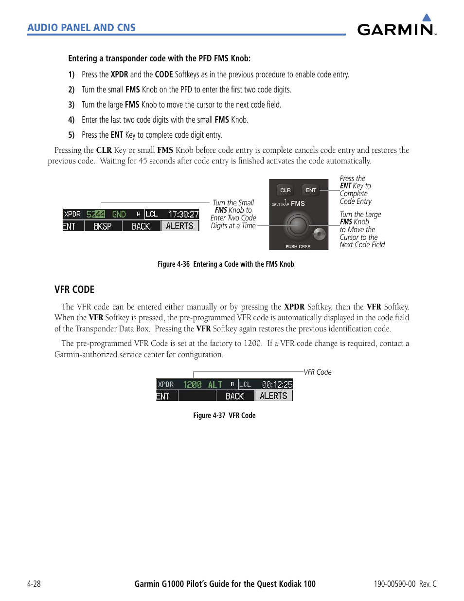 Audio panel and cns, Vfr code | Garmin G1000 Quest Kodiak User Manual | Page 104 / 340