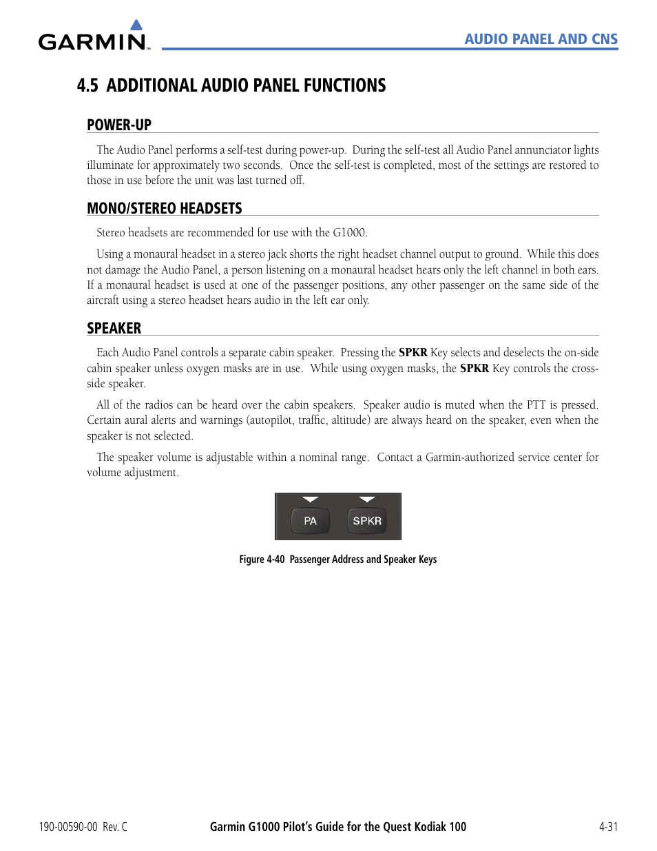5 additional audio panel functions, Power-up, Mono/stereo headsets | Speaker, 5 additional audio panel functions -31 | Garmin G1000 Quest Kodiak User Manual | Page 107 / 340