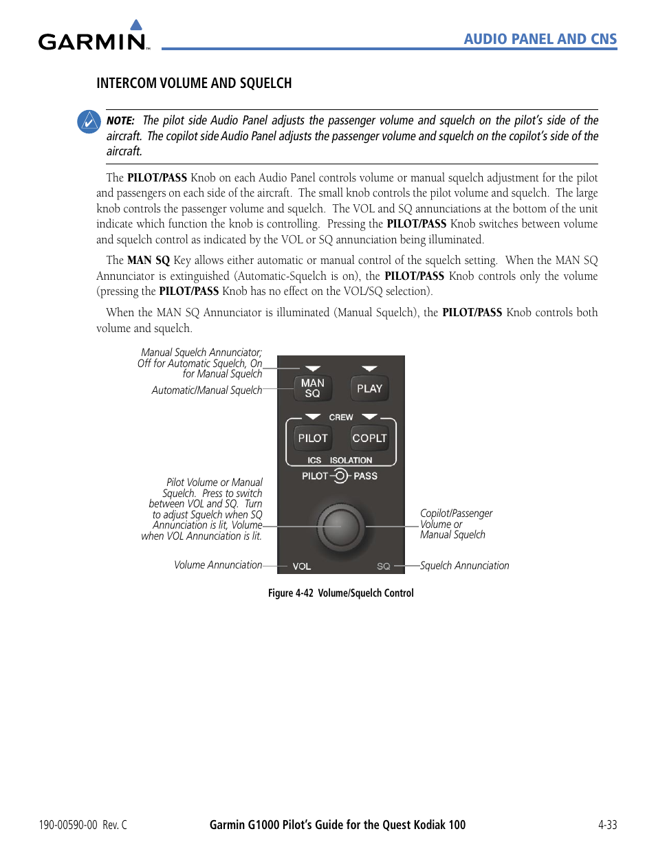 Audio panel and cns intercom volume and squelch | Garmin G1000 Quest Kodiak User Manual | Page 109 / 340