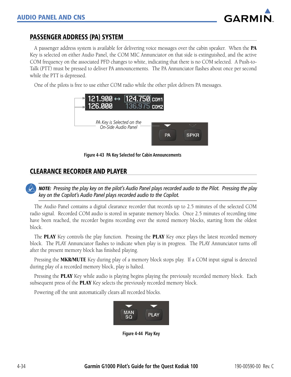 Passenger address (pa) system, Clearance recorder and player | Garmin G1000 Quest Kodiak User Manual | Page 110 / 340