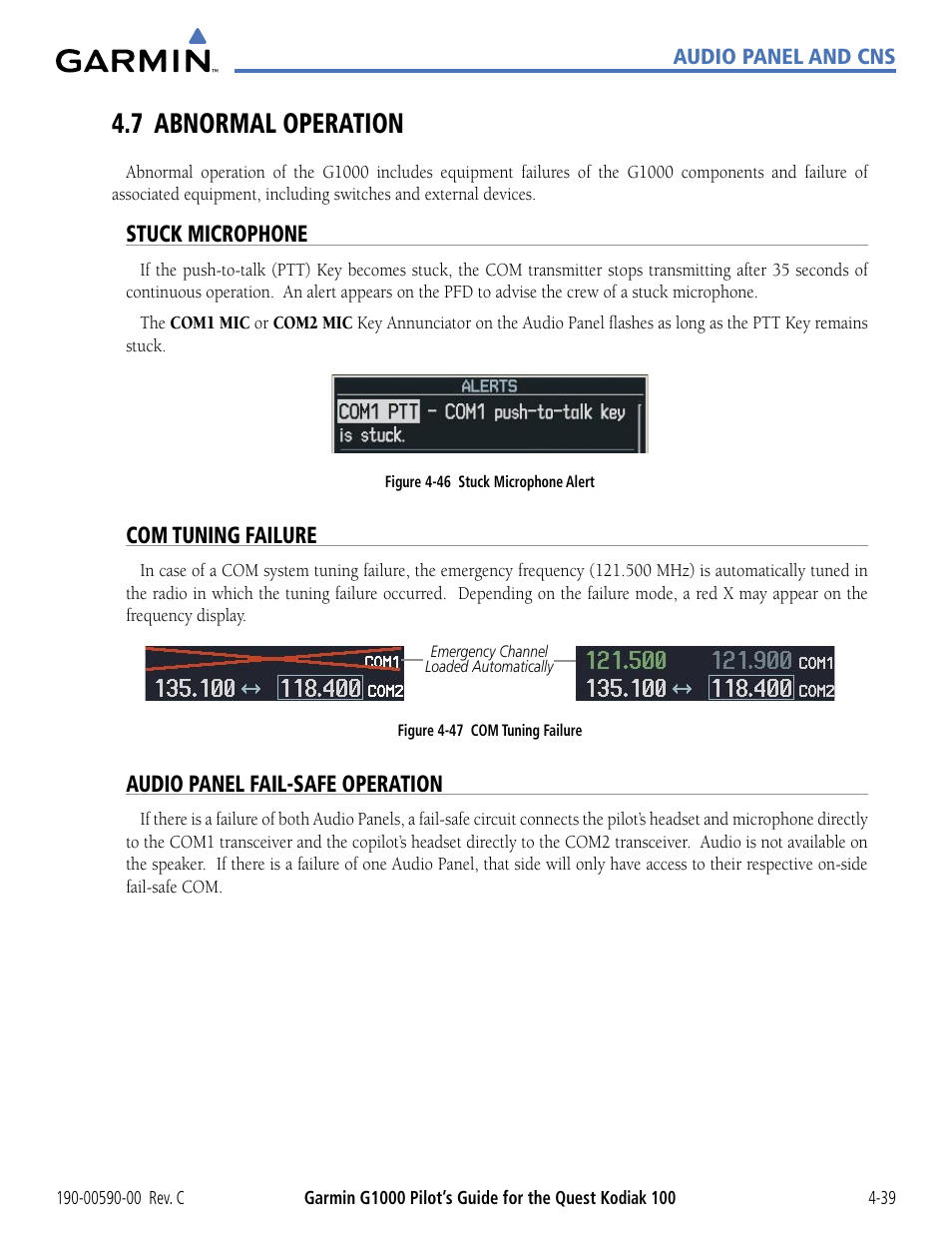 7 abnormal operation, Stuck microphone, Com tuning failure | Audio panel fail-safe operation, 7 abnormal operation -39 | Garmin G1000 Quest Kodiak User Manual | Page 115 / 340