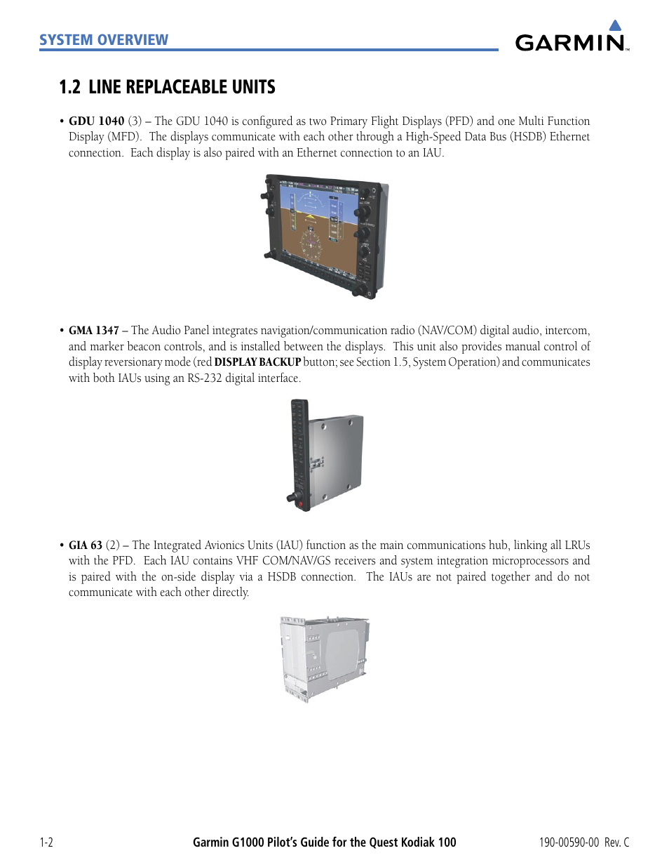 2 line replaceable units, 2 line replaceable units -2 | Garmin G1000 Quest Kodiak User Manual | Page 12 / 340