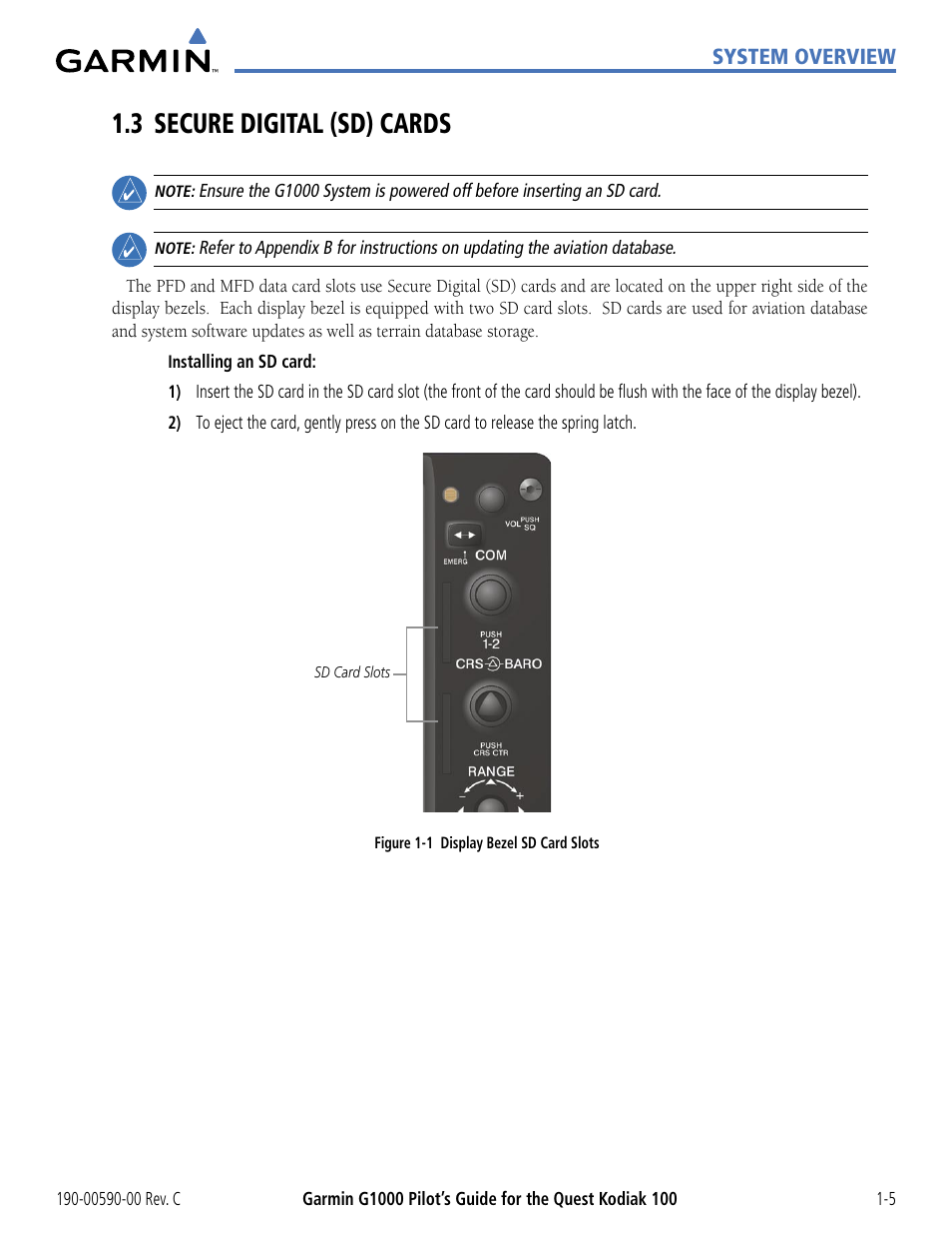 3 secure digital (sd) cards, 3 secure digital (sd) cards -5 | Garmin G1000 Quest Kodiak User Manual | Page 15 / 340