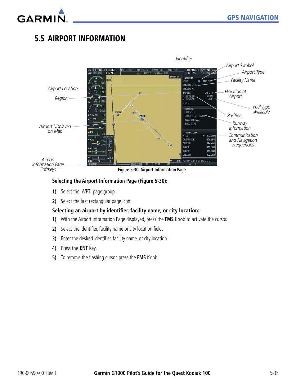 5 airport information, 5 airport information -35, Gps navigation | Garmin G1000 Quest Kodiak User Manual | Page 151 / 340