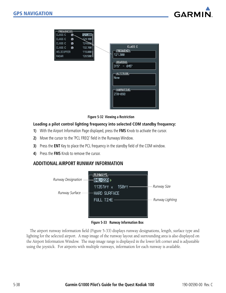 Gps navigation, Additional airport runway information | Garmin G1000 Quest Kodiak User Manual | Page 154 / 340