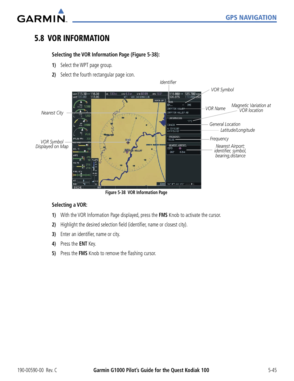 8 vor information, 8 vor information -45, Gps navigation | Garmin G1000 Quest Kodiak User Manual | Page 161 / 340