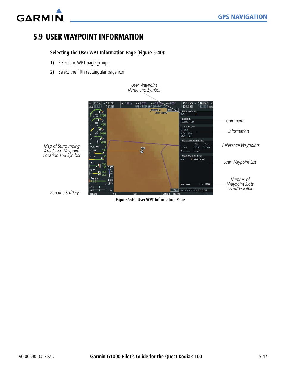 9 user waypoint information, 9 user waypoint information -47, Gps navigation | Garmin G1000 Quest Kodiak User Manual | Page 163 / 340