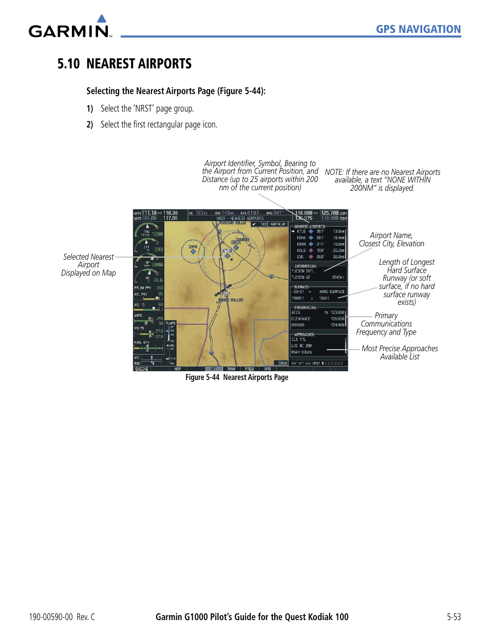 10 nearest airports, 10 nearest airports -53, Gps navigation | Garmin G1000 Quest Kodiak User Manual | Page 169 / 340