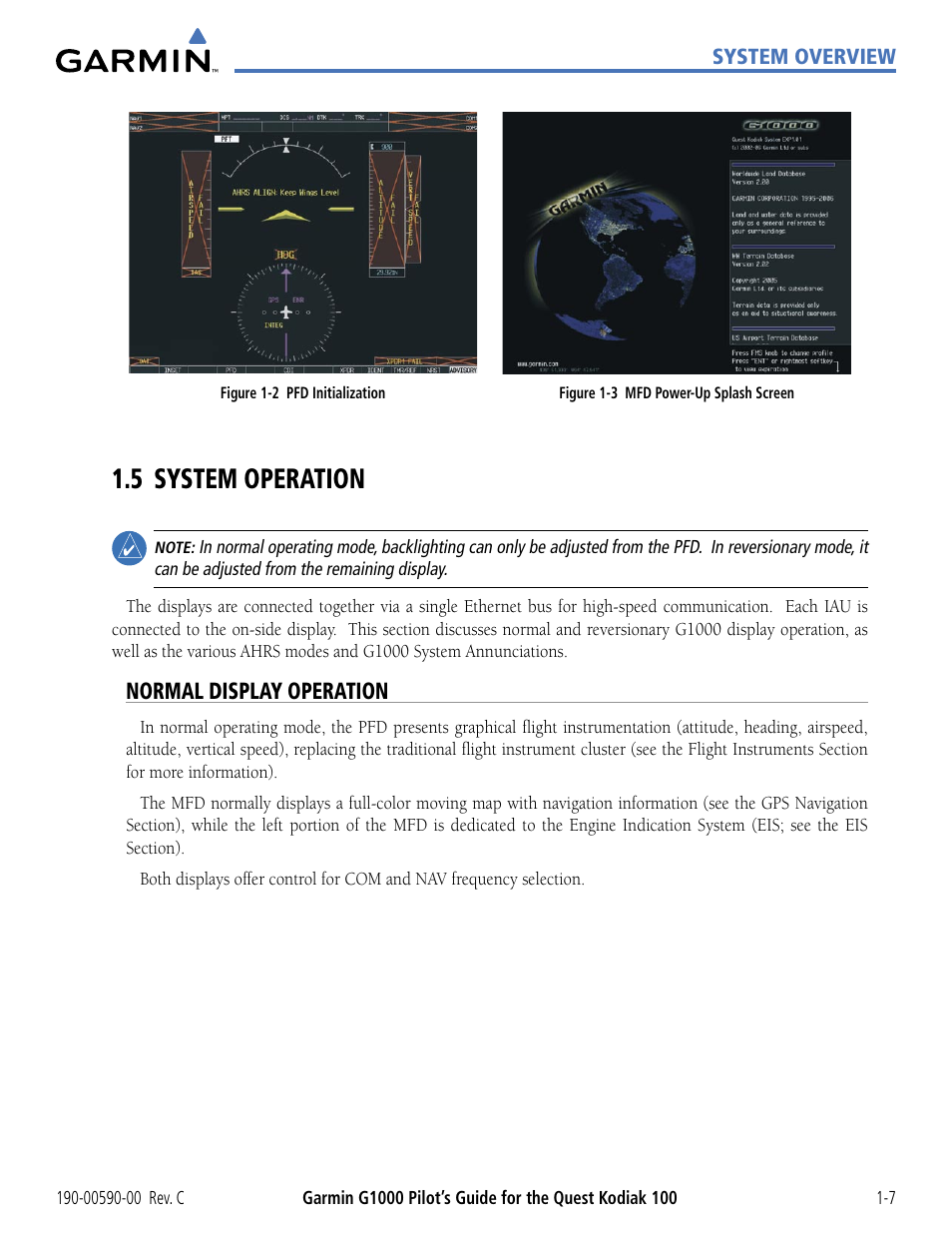 5 system operation, Normal display operation, 5 system operation -7 | Garmin G1000 Quest Kodiak User Manual | Page 17 / 340