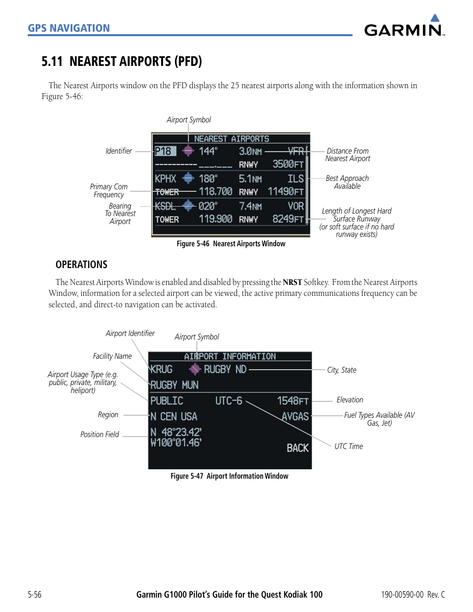 11 nearest airports (pfd), 11 nearest airports (pfd) -56, Gps navigation | Operations | Garmin G1000 Quest Kodiak User Manual | Page 172 / 340