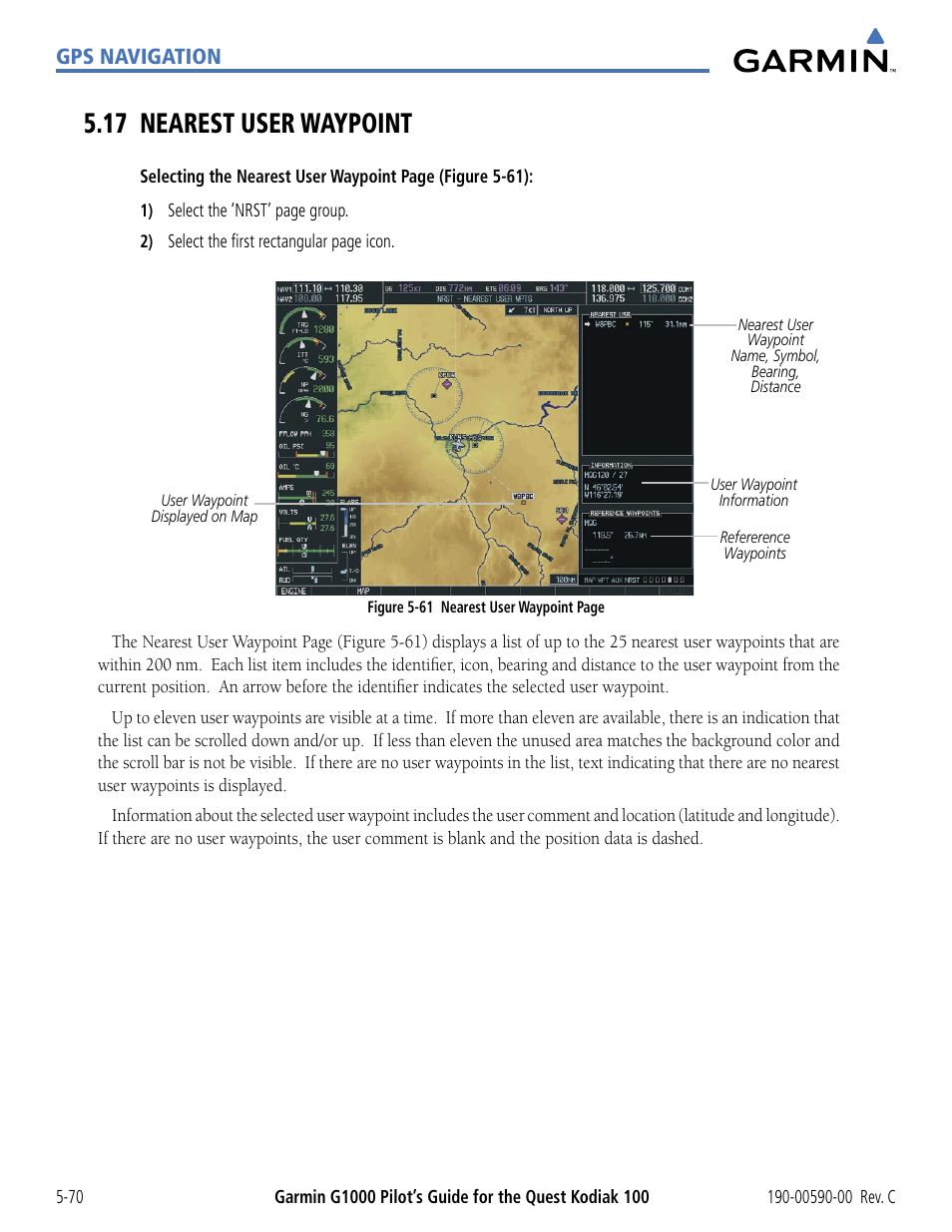 17 nearest user waypoint, 17 nearest user waypoint -70, Gps navigation | Garmin G1000 Quest Kodiak User Manual | Page 186 / 340