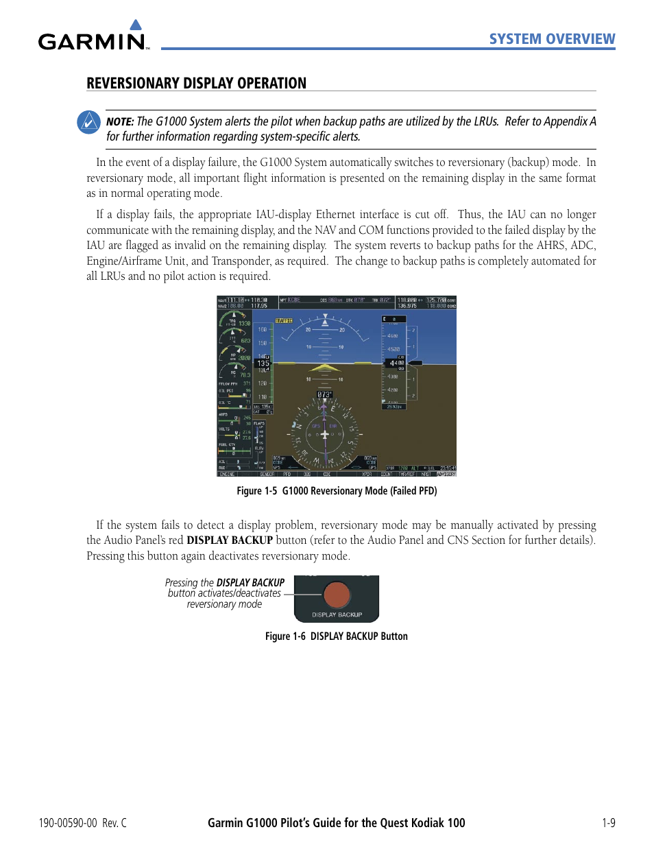 Reversionary display operation | Garmin G1000 Quest Kodiak User Manual | Page 19 / 340