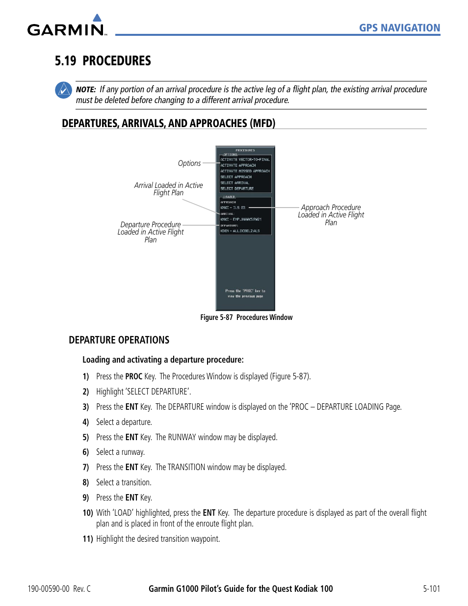 19 procedures, Departures, arrivals, and approaches (mfd), 19 procedures -101 | Garmin G1000 Quest Kodiak User Manual | Page 217 / 340