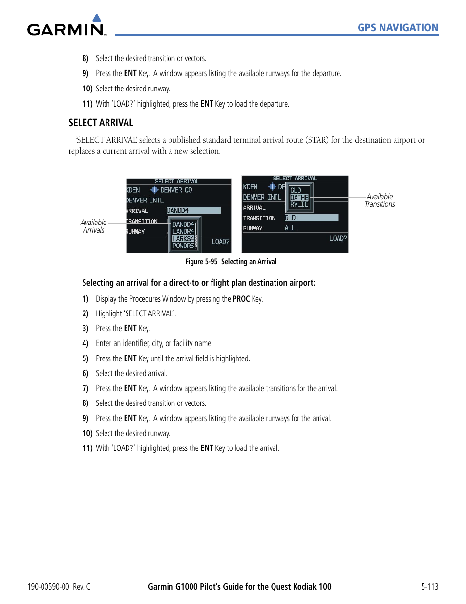 Gps navigation, Select arrival | Garmin G1000 Quest Kodiak User Manual | Page 229 / 340