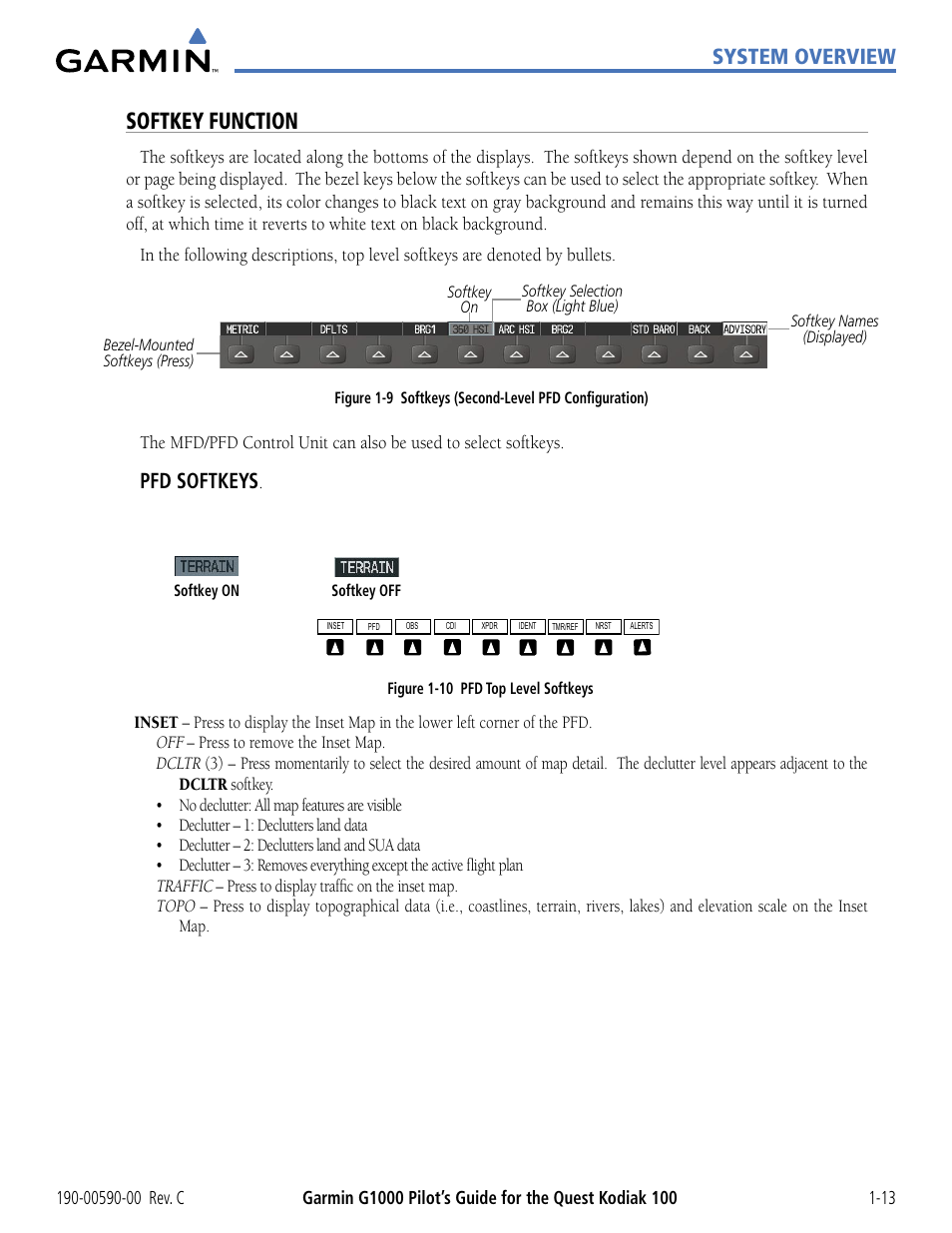 Softkey function, System overview, Pfd softkeys | Garmin G1000 Quest Kodiak User Manual | Page 23 / 340