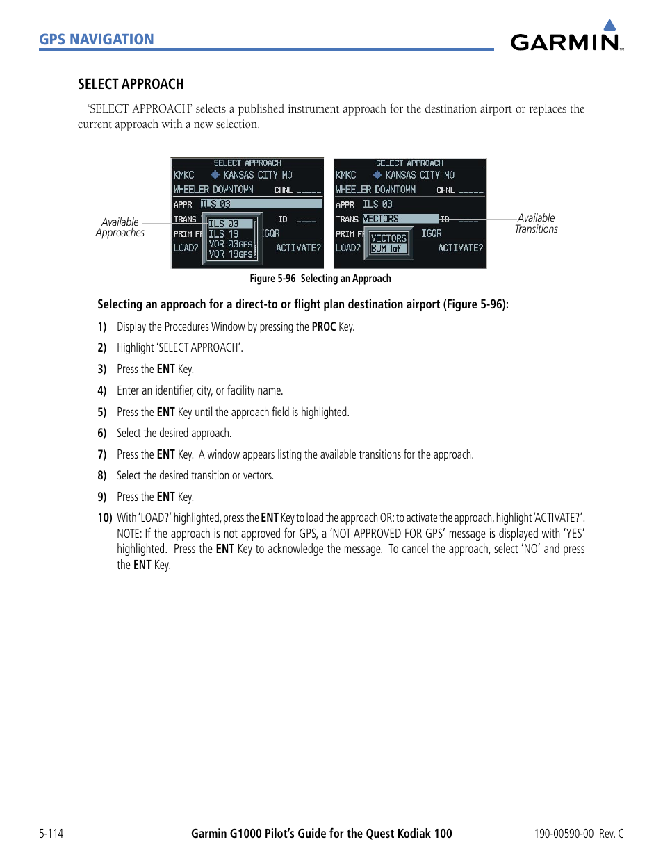 Gps navigation, Select approach | Garmin G1000 Quest Kodiak User Manual | Page 230 / 340