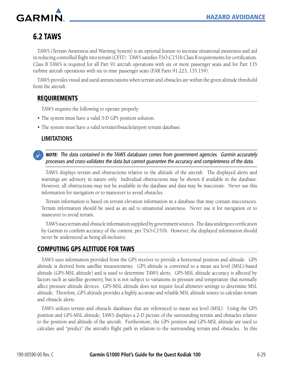 2 taws, Requirements, Computing gps altitude for taws | 2 taws -29 | Garmin G1000 Quest Kodiak User Manual | Page 261 / 340