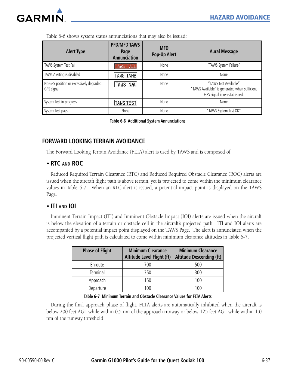 Hazard avoidance, Forward looking terrain avoidance | Garmin G1000 Quest Kodiak User Manual | Page 269 / 340